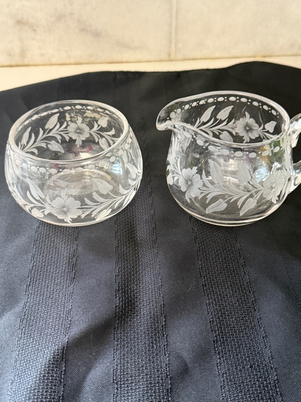 VTG wheel cut floral glass cream and sugar set